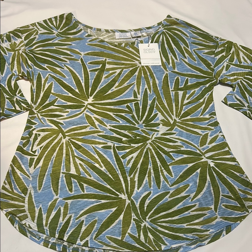 Sigrid Olsen Blue and Green Leaf Print Women's Top Linen 55% M NWT